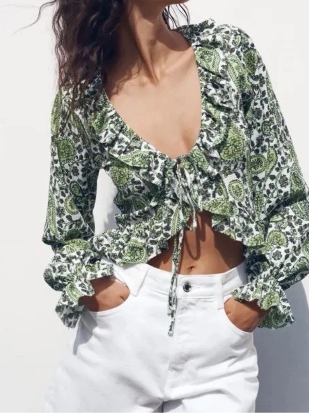 Zara Green Paisley Ruffle Tie-Front Blouse